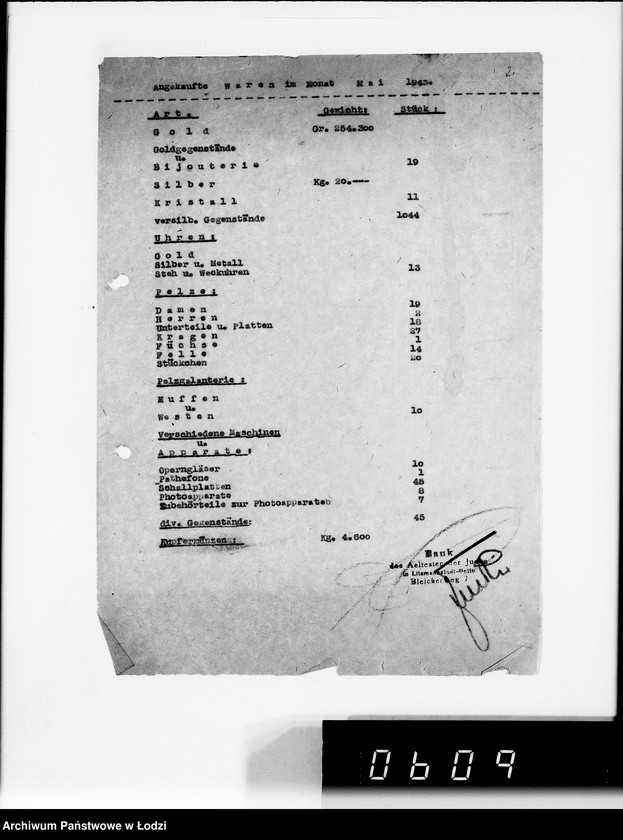 Obraz 6 z jednostki "Monatliche Warenbestandsmeldungen der Bankabteilung des Judenältesten"