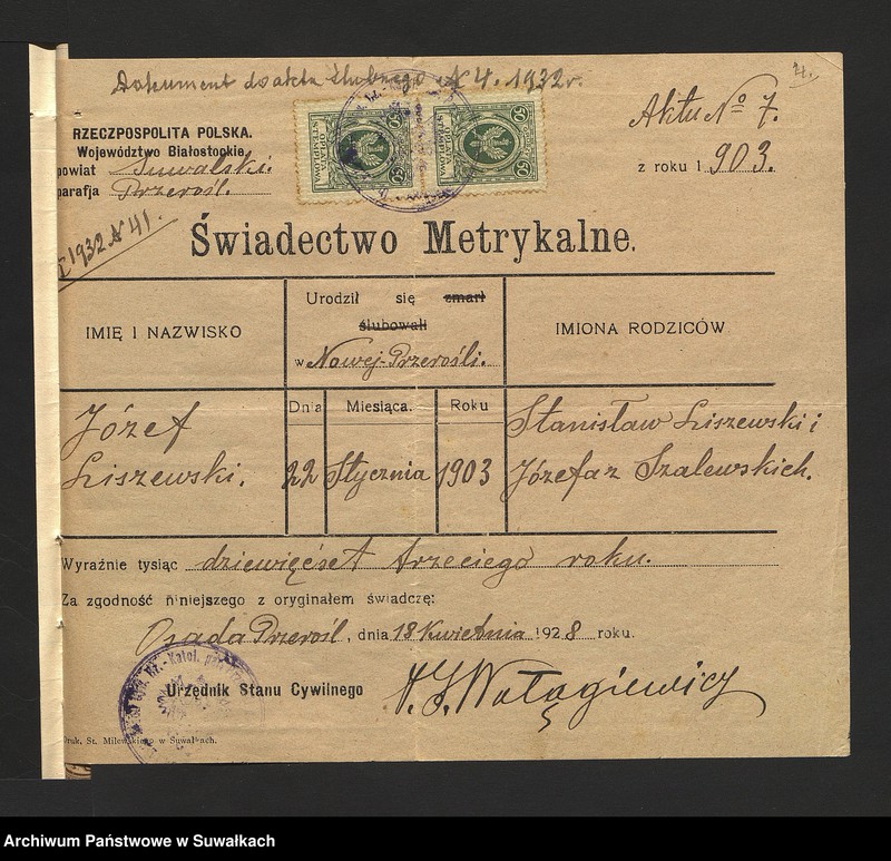 image.from.unit.number "Dokumenty przedstawione do ślubnych aktów stanu cywilnego sporządzonych w roku 1932 w parafji rzymsko-katolickiej Filipów"