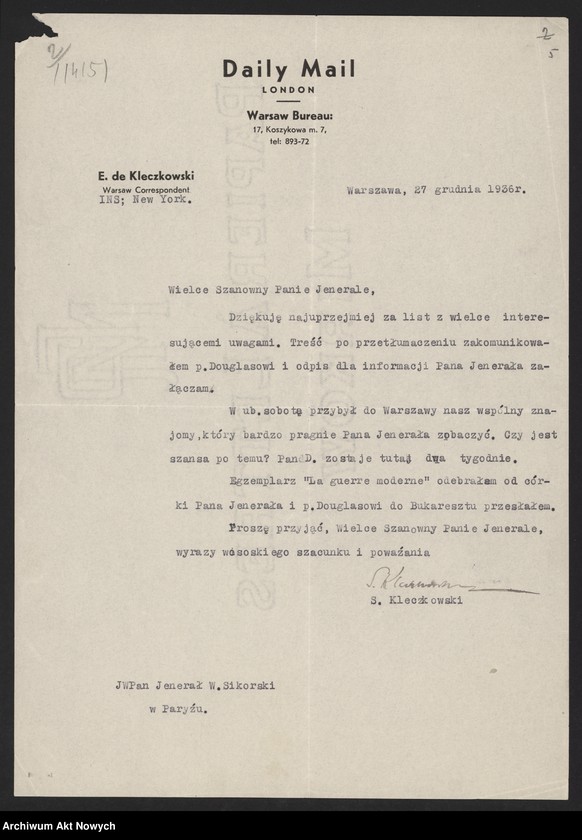 image.from.unit.number "Kleczkowski Stefan, dziennikarz polonijny. Publikacja artykułu Władysława Sikorskiego o Pomorzu i oświadczenia o niebezpieczeństwie wojny."