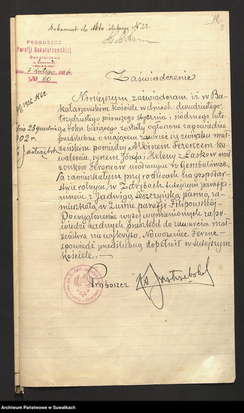 image.from.unit.number "Dokumenty Przedstawione do ślubnych aktów w roku 1926, Filipowskiej Rzymsko-Katolickiej parafji."
