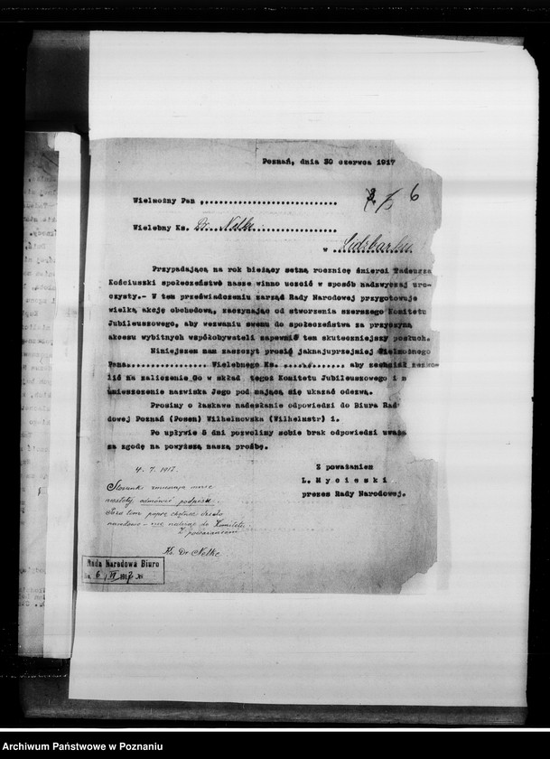 Obraz 10 z jednostki "Rok Kościuszkowski - korespondencja związana z obchodami setnej rocznicy śmierci Tadeusza Kościuszki."