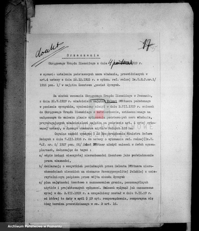 Obraz 10 z jednostki "Majątek Kosztowo powiatu wyrzyskiego wyłączenie z art. 5 ustawy o wykonaniu reformy rolnej"