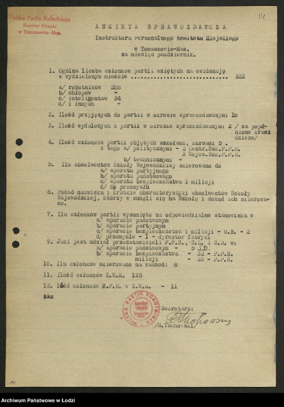 Obraz 15 z jednostki "Ankiety sprawozdawcze instruktora Komitetu Miejskiego Tomaszów Mazowiecki [z załącznikami]"