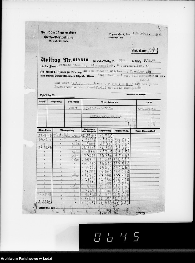 Obraz 5 z jednostki "Lebensmitteleinkauf. Aufträge, [Lieferscheinen und Rechnungen] 17593-17610 [Dostawa ziemniaków do Getta]"