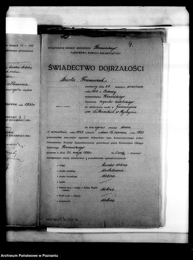 Obraz 7 z jednostki "Prywatne Gimnazjum imienia Sułkowskich w Rydzynie [odpisy świadectw egzaminu dojrzałości 1938 i 1939]"
