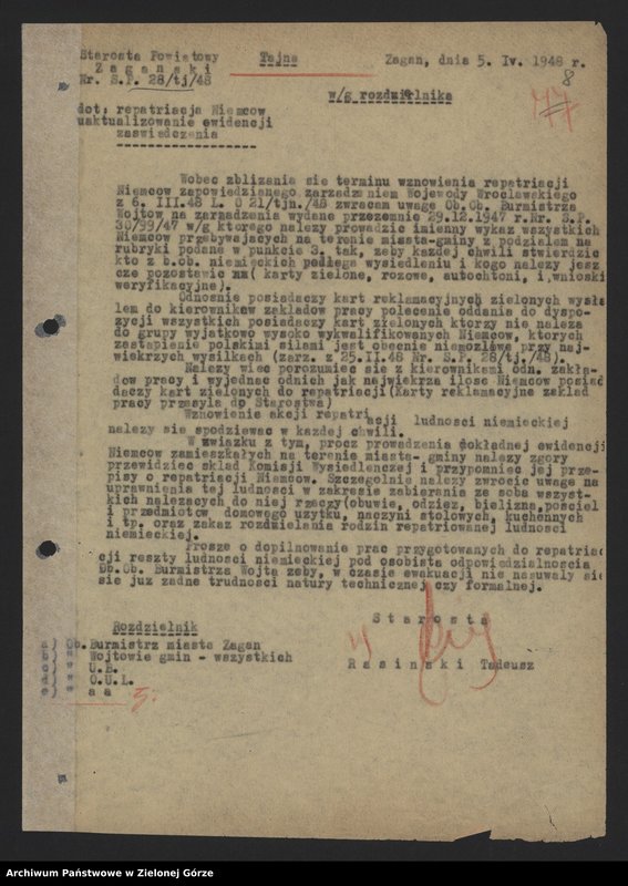 Obraz 10 z jednostki "Sprawy ludności niemieckiej - wysiedlanie Niemców - pisma , okólniki ."