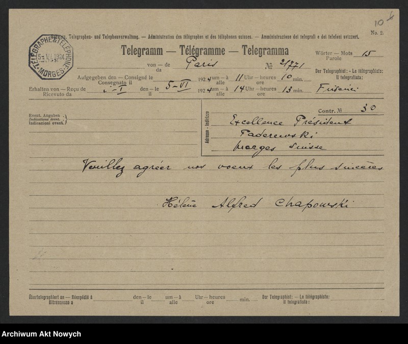 image.from.unit.number "Chłapowski Alfred (ambasador RP we Francji) i Helena; Załączniki: a) list P. de Fouquieres; b) list Ph. Pétain