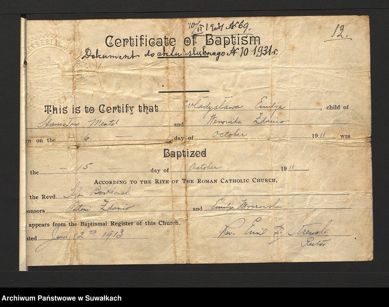 Obraz 14 z jednostki "Dokumenty przedstawione do ślubnych aktów roku 1931 w parafji rzymsko-katolickiej Filipów powiatu suwalskiego."