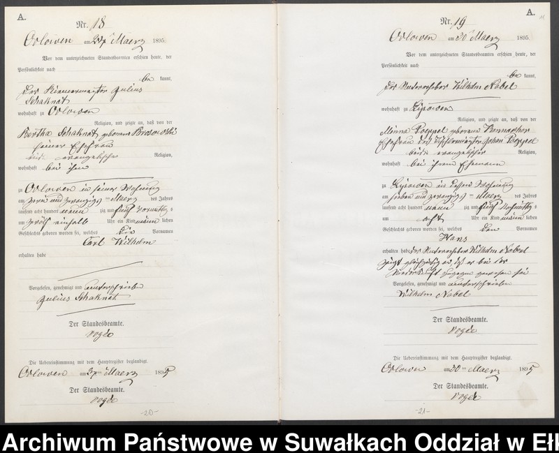 image.from.unit.number "Geburts-Neben-Register des Preussischen Standes-Amtes Orlowen Kreis Loetzen für das Jahr 1895"
