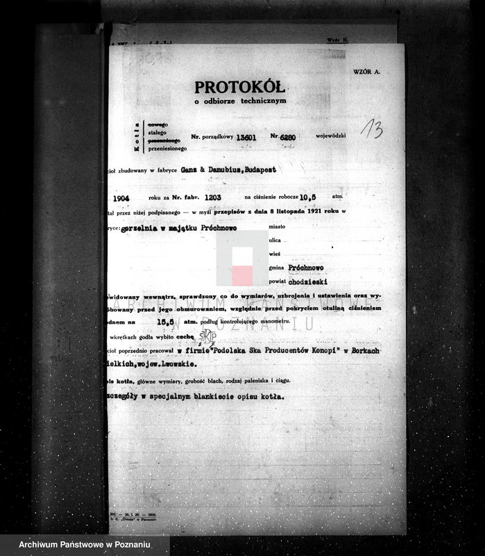 Obraz 19 z jednostki "Gorzelnia majątku Próchnowo pow. chodzieski zatwierdzenie kotła parowego"