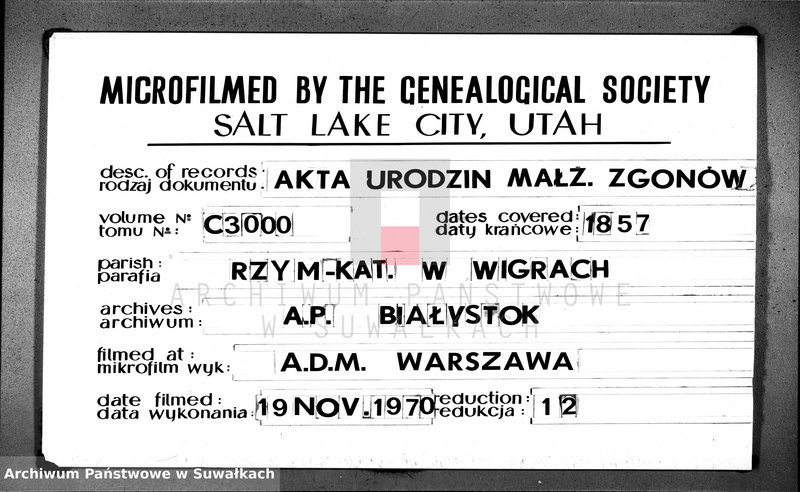 Obraz 1 z jednostki "Duplikat akt urodzonych, zaślubionych i zmarłych parafii wigierskiej z roku 1857"