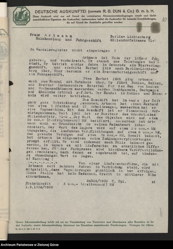 image.from.unit.number "[Informacja przemysłowo-handlowa agencji Deutsche Auskunftei z lat 1926-1932 dot. danych przedsiębiorstw korzystających z usług książęcego urzędu Budowlanego w Żaganiu]"