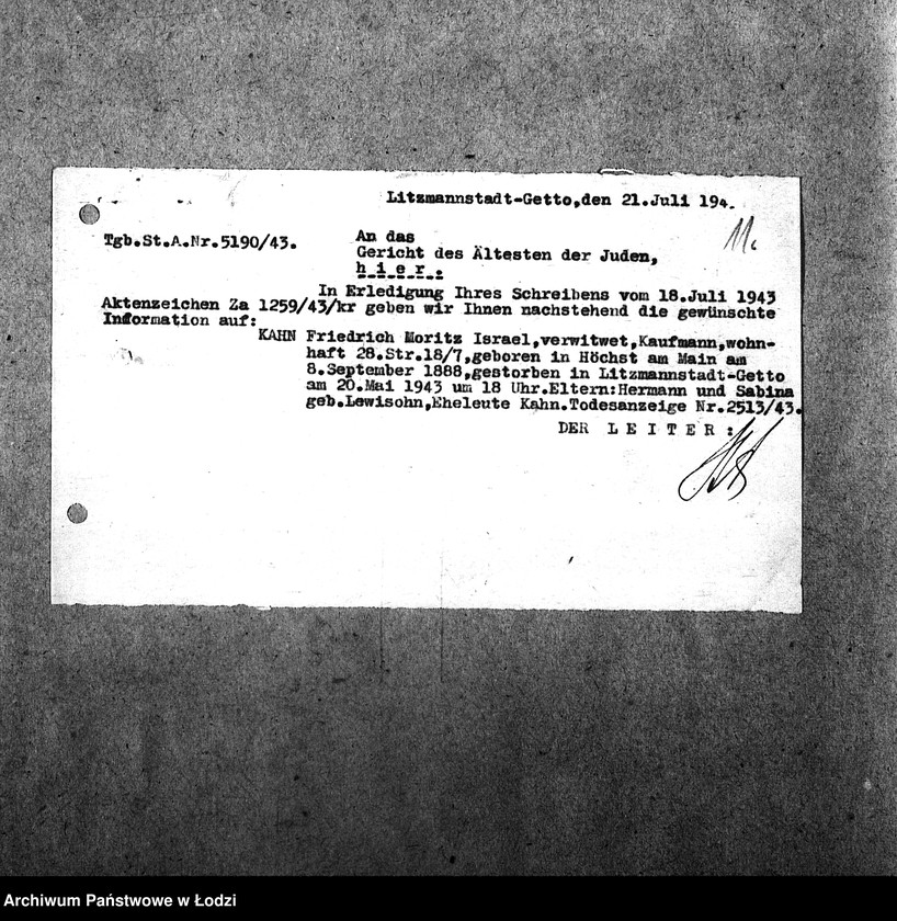 Obraz 14 z jednostki "[Korespondencja z Sądem w sprawach danych personalnych ludności getta (zmarłej)]"