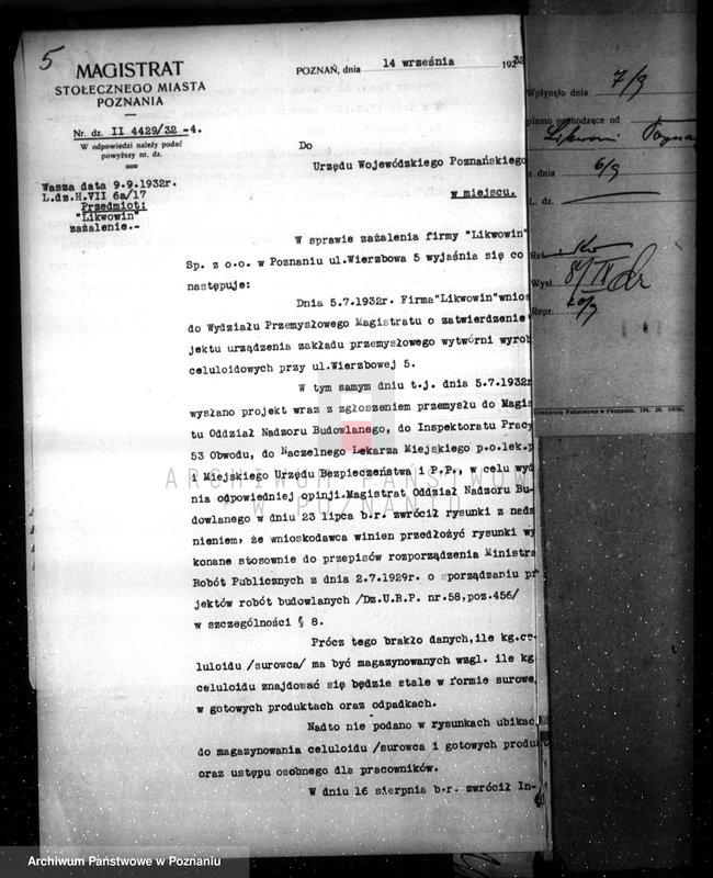 image.from.unit.number "Zatwierdzenie wytwórni z celuloidu Firmy "Likwowin" w Poznaniu nr 566"