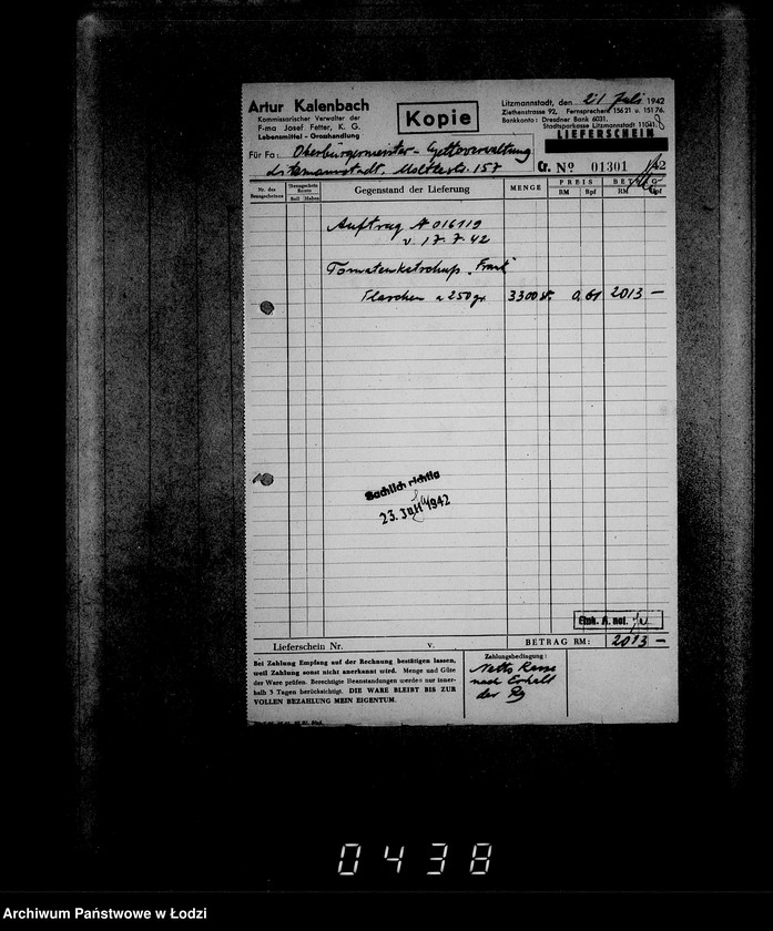 Obraz 11 z jednostki "Aufträge, [Lieferscheinen und Rechnungen] 16051-16121 [Zamówienia, rachunki, dowody dostaw, zapotrzebowania na żywność dla Getta]"