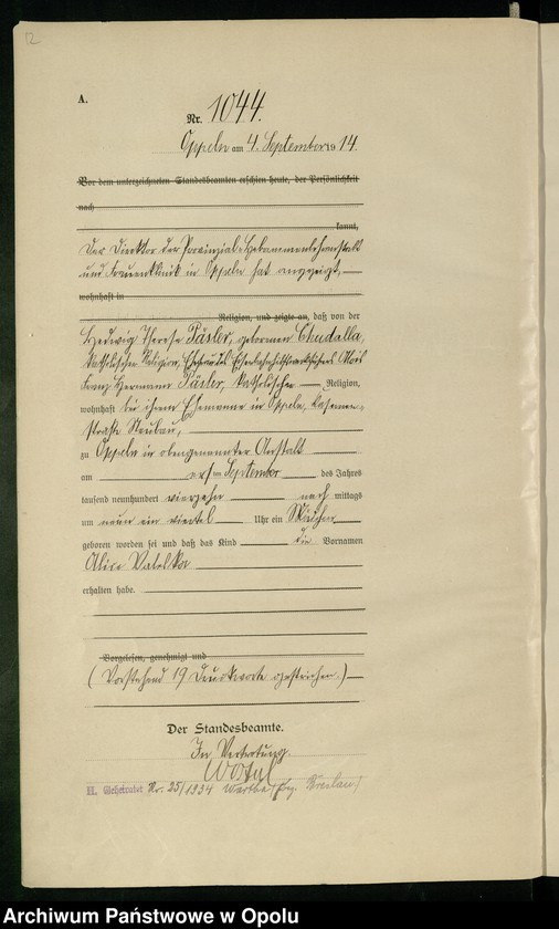 Obraz 16 z jednostki "Urząd Stanu Cywilnego Opole Księga Urodzeń Rok 1914 1034-1493"