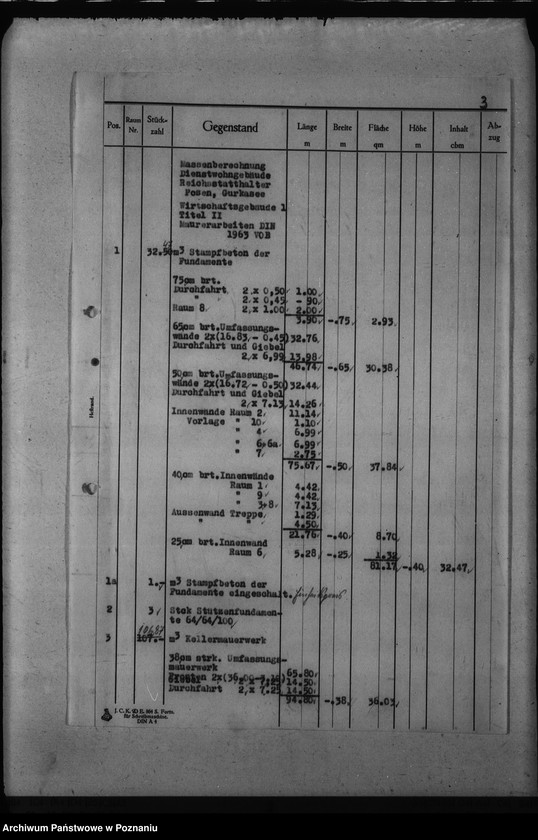 Obraz 7 z jednostki "Dienstwohngebäude - Reichsstatthalter Posen. Wirtschaftsgebäude 1 - 4 (nad jeziorem Góreckim) Massenberechnung"