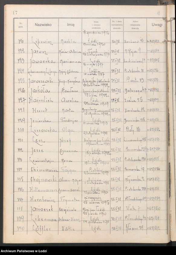 image.from.unit.number "Ewidencja dowodów osobistych wydanych przez Zarząd Miejski w Łodzi, zespół nr 3 [- nazwiska na litery Ch, H, I, J, L, Ł]"