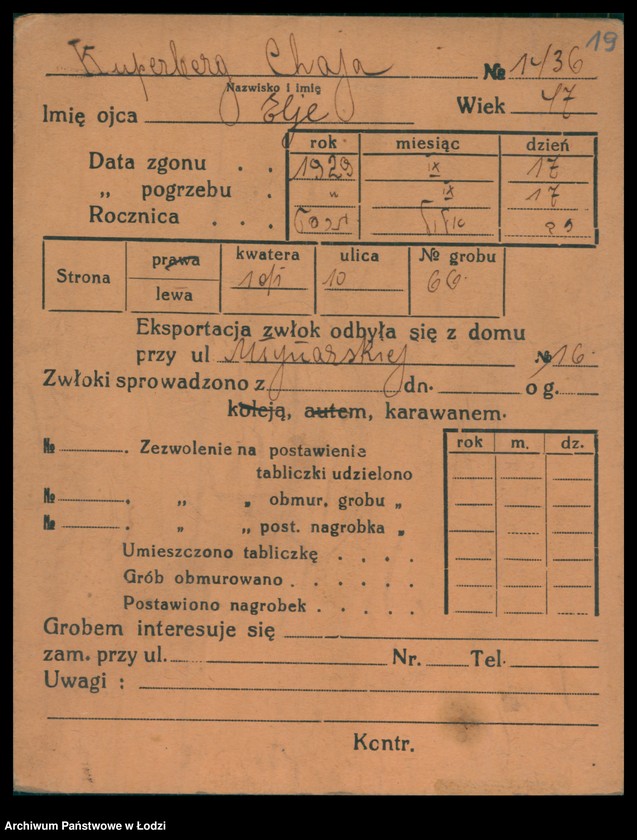 Obraz 20 z jednostki "Kartoteka osób pochowanych na cmentarzu żydowskim przy ulicy Brackiej w latach 1892-1956. Nazwiska na litery: Kup-Kz"