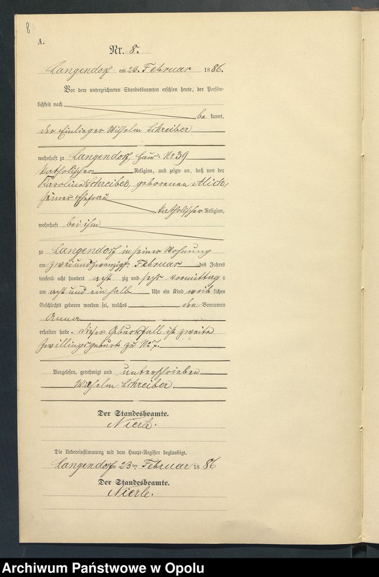 Obraz 12 z jednostki "Geburts-Neben-Register des Standesamts Langendorf pro 1886"