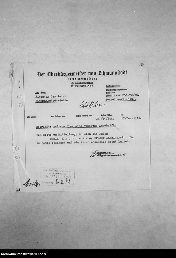 Obraz 15 z jednostki "[Korespondencja PSŻ z GV, z instytucjami i firmami niemieckimi w sprawie informacji o mieszkańcach getta: ich adresach, majątku, narodowości itp. – w związku z rentami i wierzytelnościami]"