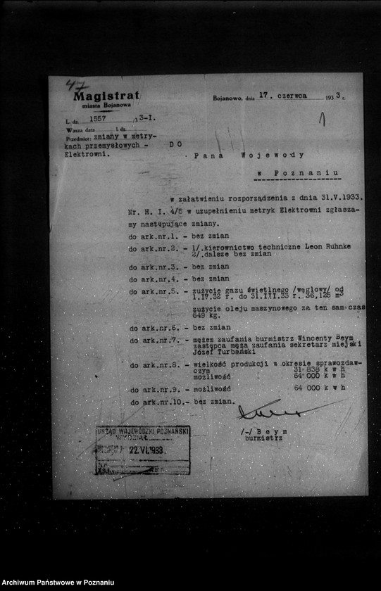 Obraz 5 z jednostki "Kwestionariusz Elektrowni Miejskiej w Bojanowie powiat rawicki"