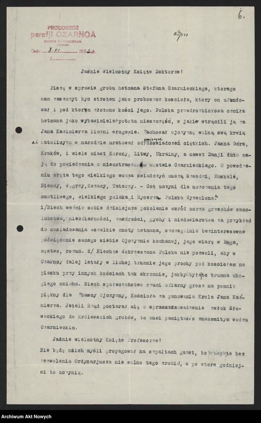 image.from.unit.number "Grochulski Hipolit (proboszcz parafii Czarńca); Załączniki: a) list do Ks. dr T. Pomian-Kruszyńskiego (odpis); b) program i projekt utworzenia Komitetu budowy grobowca i uczczenia pamięci St. Czarnieckiego (maszynopis); c) odpis uroczystości żałobnych ku czci St. Czarnieckiego w 1906 r. odpis z "Jutrzenki"; d) Wiktor Czermak - "O Stefanie Czarnieckim…", Lwów 1909 (broszura); e) wycinek prasowy; L.1"