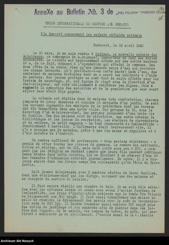 image.from.unit.number "Pro Polonia. Oeuvre suisse de secours aux Polonia victimes de la guerra; Załączniki: 1) Biuletyny Nr Nr 1,2,3; 2) Apel; 3) Raport dotyczący dzieci uciekinierów polskich; 4) kopia listu J. Dębickiego do "Pro Polonia"; L.3"