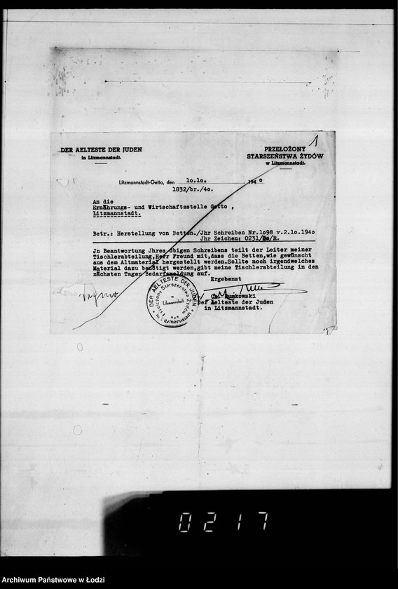 Obraz 5 z jednostki "Korrespondenz betr.Versicherung der im Getto zur Konfektionierung umlaufenden Wehrmachtsuniformen und Aufstellung über ausgeführte Transporte."