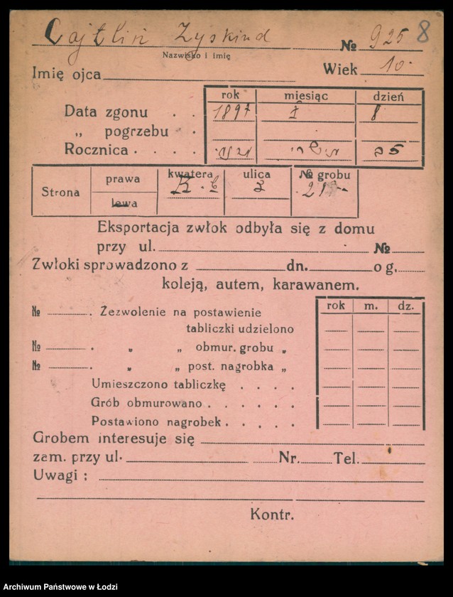 Obraz 9 z jednostki "Kartoteka osób pochowanych na cmentarzu żydowskim przy ulicy Brackiej w latach 1892-1954. Nazwiska na litery: Ca-Choros"