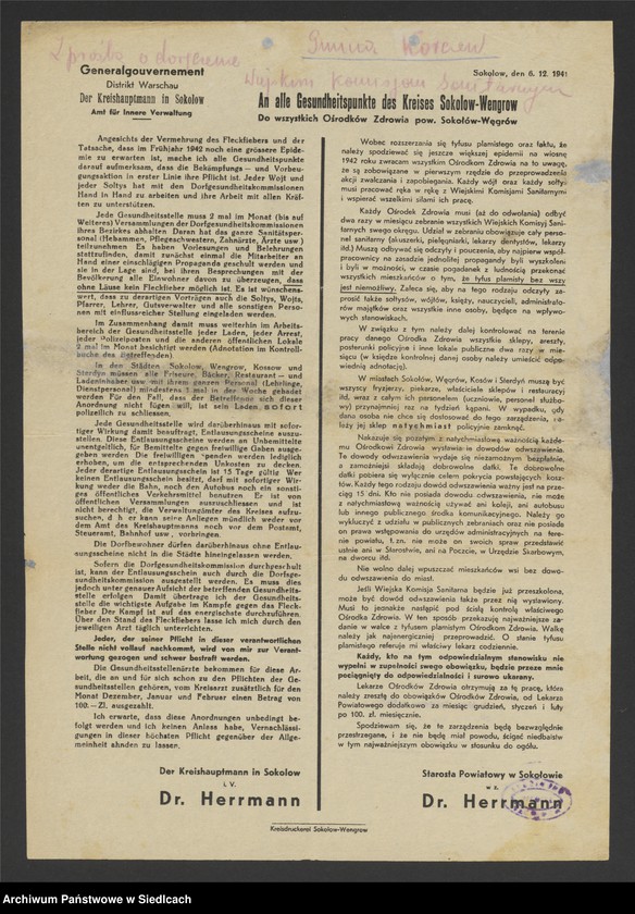 Obraz 16 z kolekcji "Afisze okupacyjne powiatu sokołowskiego 1939-1944.111"