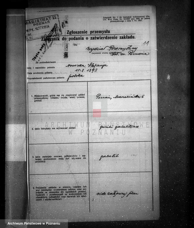 Obraz 15 z jednostki "Zatwierdzenie zakładu przemysłowego /wytwórni guzików/ St. Nowickiej w Poznaniu"