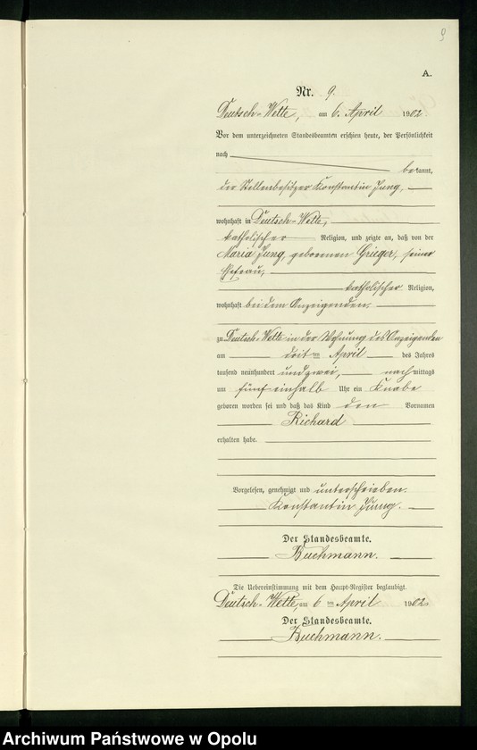Obraz 13 z jednostki "Geburts-Neben-Register des Standesamts Deutsch Wette pro 1902"