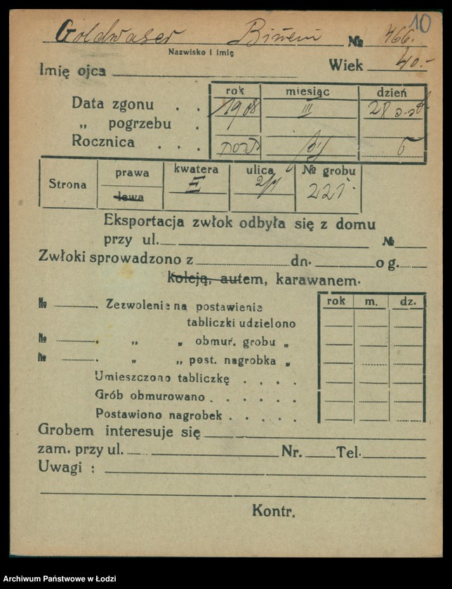 Obraz 11 z jednostki "Kartoteka osób pochowanych na cmentarzu żydowskim przy ulicy Brackiej w latach 1892-1959. Nazwiska na litery: Goldw-Gö"