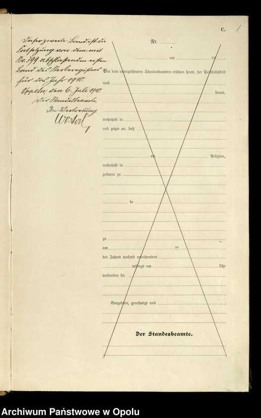 Obraz 4 z jednostki "Urząd stanu Cywilnego w Opolu 1910 Rejestr Zgonów Księga Miejscowa Nr 400 do 769"