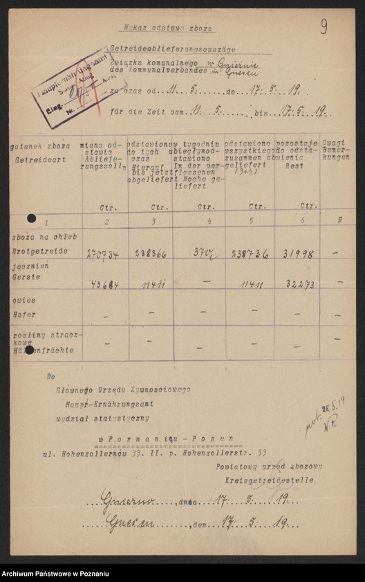 Obraz 11 z jednostki "[Wykazy odstawionego zboża przez Związek Komunalny w Gnieźnie]"