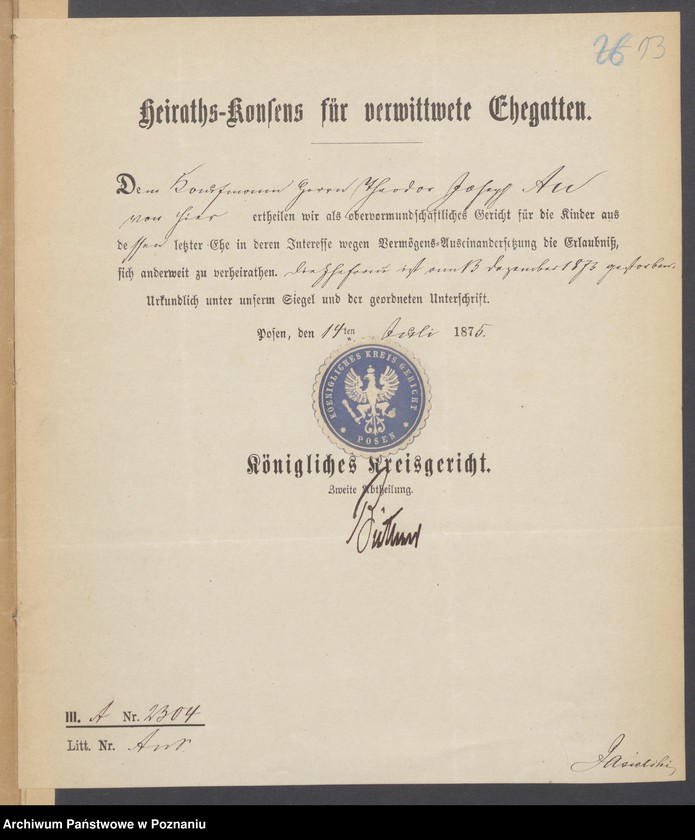 Obraz 15 z jednostki "Die von den Verlobten beigebrachten Urkunden zur Eheschliessung pro 1875"