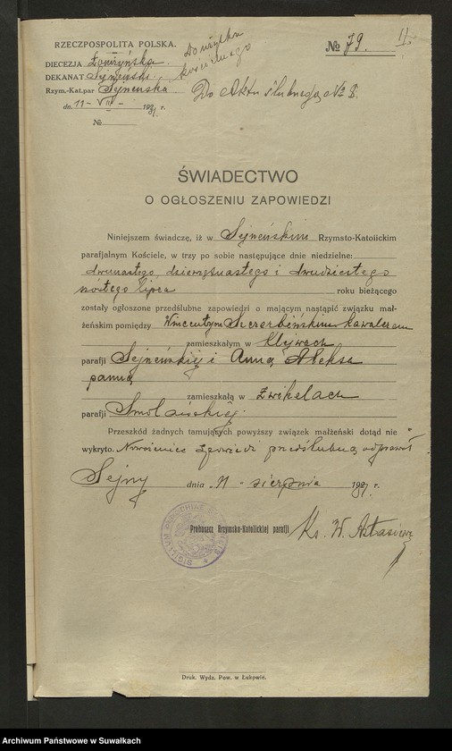 image.from.unit.number "Dokumenty Do aktów zaślubionych Smoleńskiej Rzymsko-Katolickiej parafji za 1931 rok"
