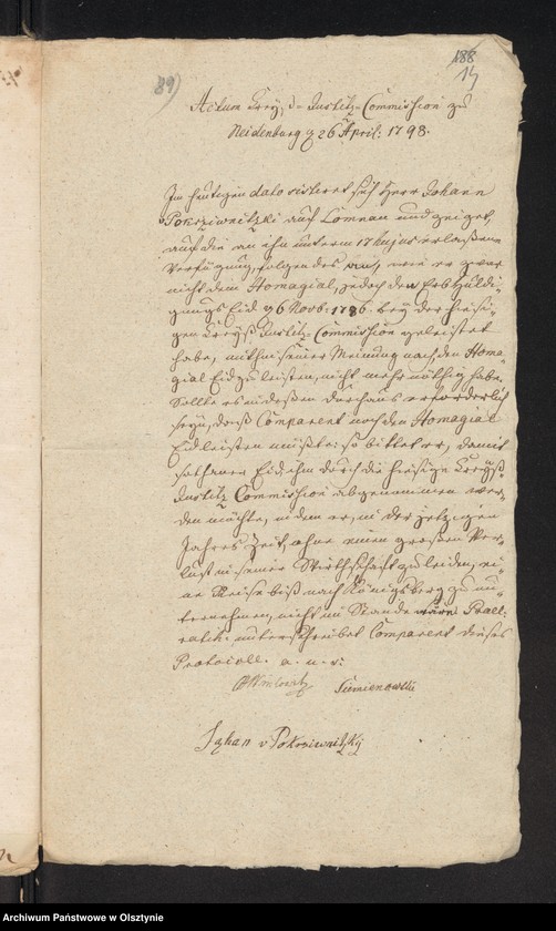 image.from.unit.number "In S. [Sache] der Pfandsbesitzern Johann v. [von] Pokrzywnicki und deßen Ehegathin Caroline Eleonore geboren von Zabienski wegen des zum alleinigen Eigenthum an sie abgetretenen Antheils F im adl. [adeliche] Allodial Gut Lomnau [Łomno] Haupt Amts Neidenburg [Nidzica] bestehend aus 1 Hube 11 Morgen 15 R. [Rute]"