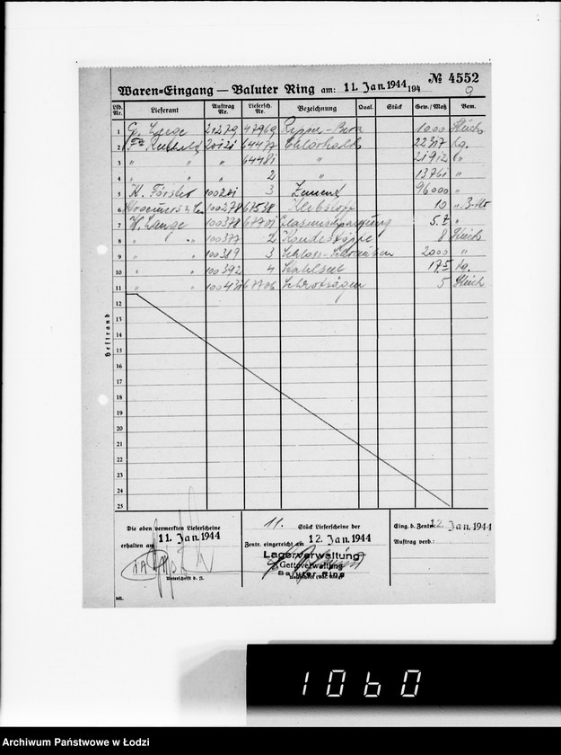 Obraz 13 z jednostki "Waren-Eingang. Baluter Ring [Dzienne zestawienia faktur na towary dostarczane do składów Getta na Bałuckim Rynku]"