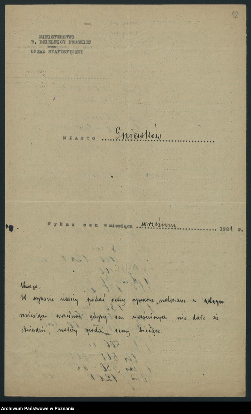 Obraz 12 z jednostki "[Wykazy cen z września 1921 roku w miastach województwa poznańskiego i pomorskiego]"
