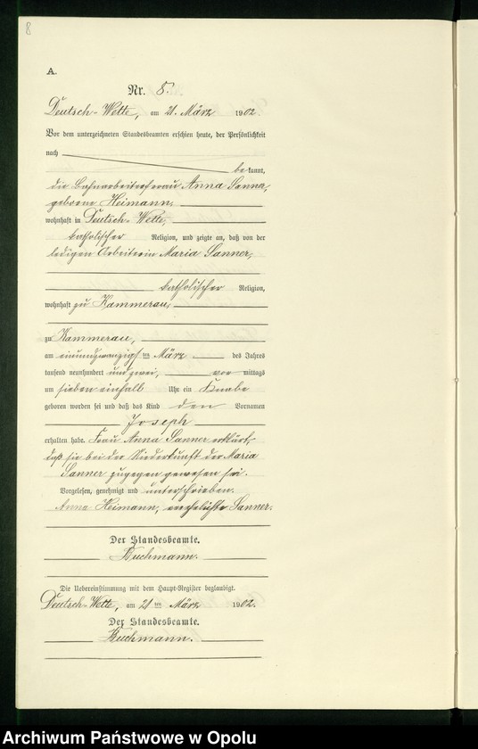 Obraz 12 z jednostki "Geburts-Neben-Register des Standesamts Deutsch Wette pro 1902"