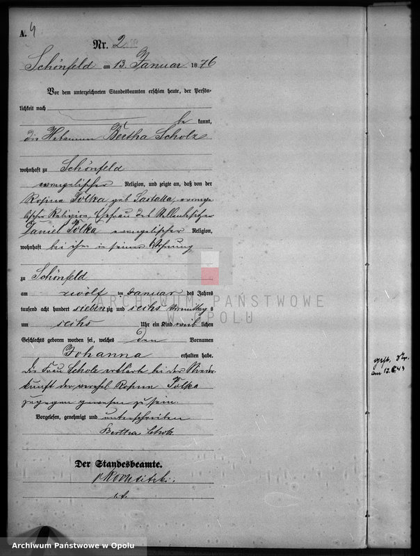 image.from.unit.number "Geburts-Haupt-Register Standesamts Schönfeld pro 1876"