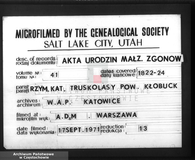 image.from.unit.number "Księga akt stanu cywilnego urodzenia, ślubów i zejścia Parafii Truskolasy, w powiecie częstochowskim, województwie kaliskim z roku 1823"