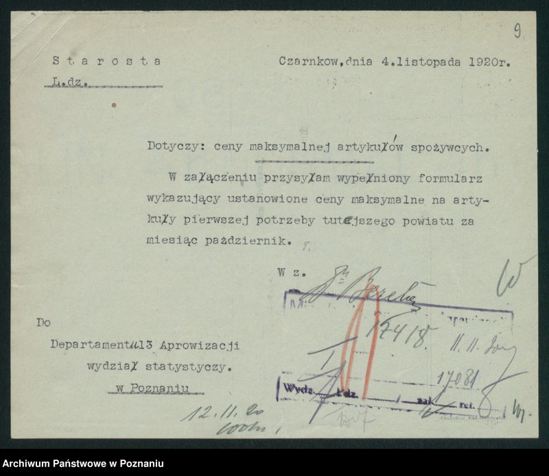 Obraz 11 z jednostki "[Wykazy urzędowo ustanowionych cen maksymalnych na artykuły pierwszej potrzeby na terenie Województwa Poznańskiego za miesiąc październik 1920 roku]"
