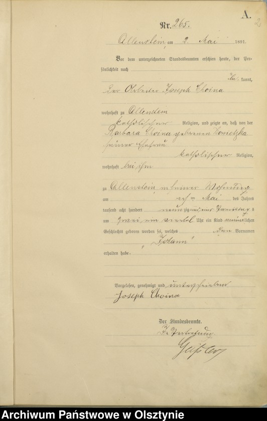 image.from.unit.number "Geburts-Haupt-Register Tom II,Nr 265 - 527"