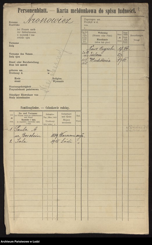 Obraz 4 z jednostki "[Spis ludności Łodzi] Aronowicz - Auerbach"
