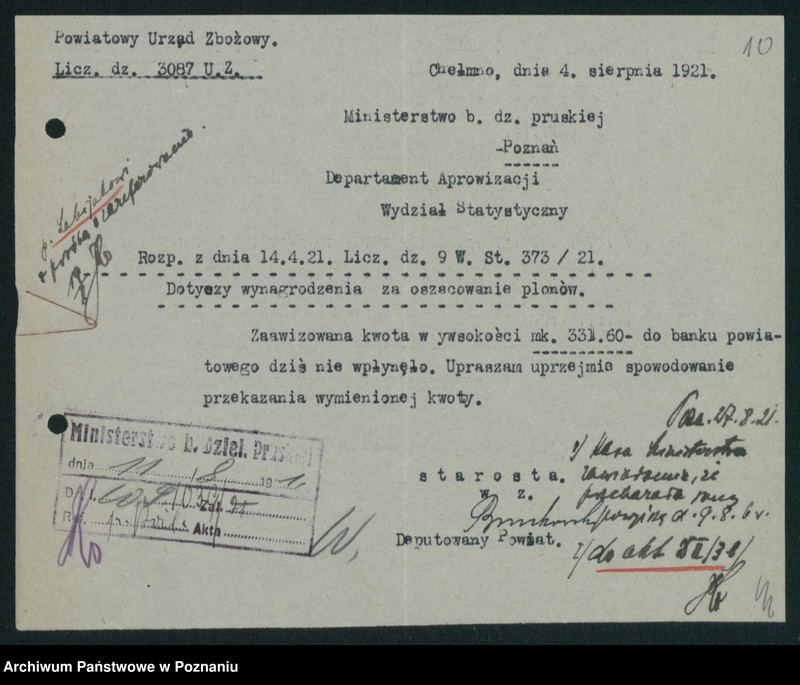 Obraz 11 z jednostki "[Statystyka produkcji rolnej - wynagrodzenia za oszacowanie plonów oraz stwierdzenie powierzchni zasiewów w 1920 roku]"