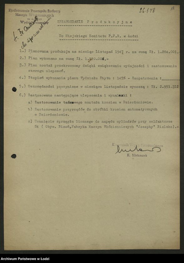 Obraz 19 z jednostki "Zjednoczenie Przemysłu Budowy Maszyn Włókienniczych; protokół [narady], sprawozdania [z produkcji]"