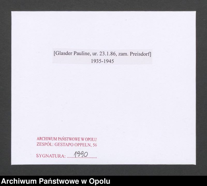 Obraz 2 z jednostki "[Glasder Pauline, ur. 23.1.1886, zam. Preisdorf]"